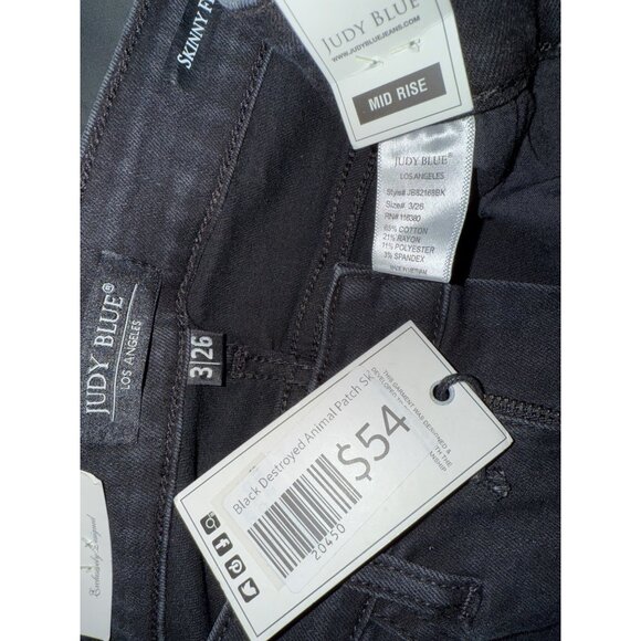 NWT Judy Blue Black Destroyed Leopard Patch Mid-Rise Skinny Jeans (Style: 82168) - Picture 11 of 14